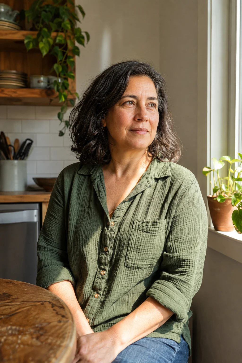 Illustrative portrait of a woman sitting beside a sunlit kitchen window