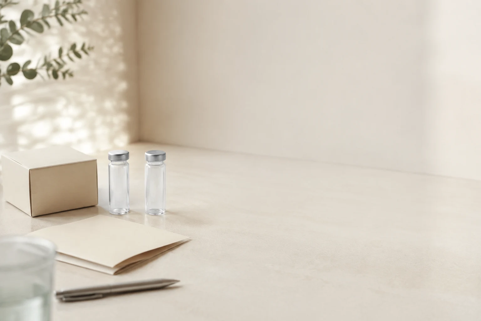Illustrative still life of unlabelled vials, a plain box and papers in daylight