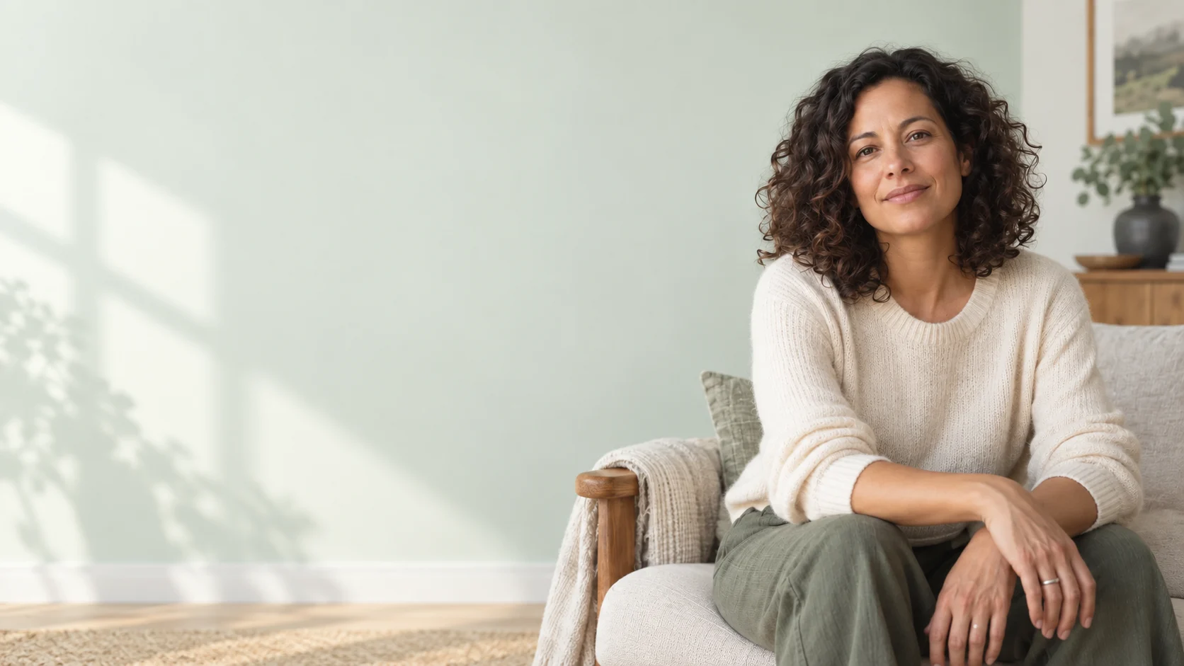 Illustrative portrait of a woman at home in warm daylight