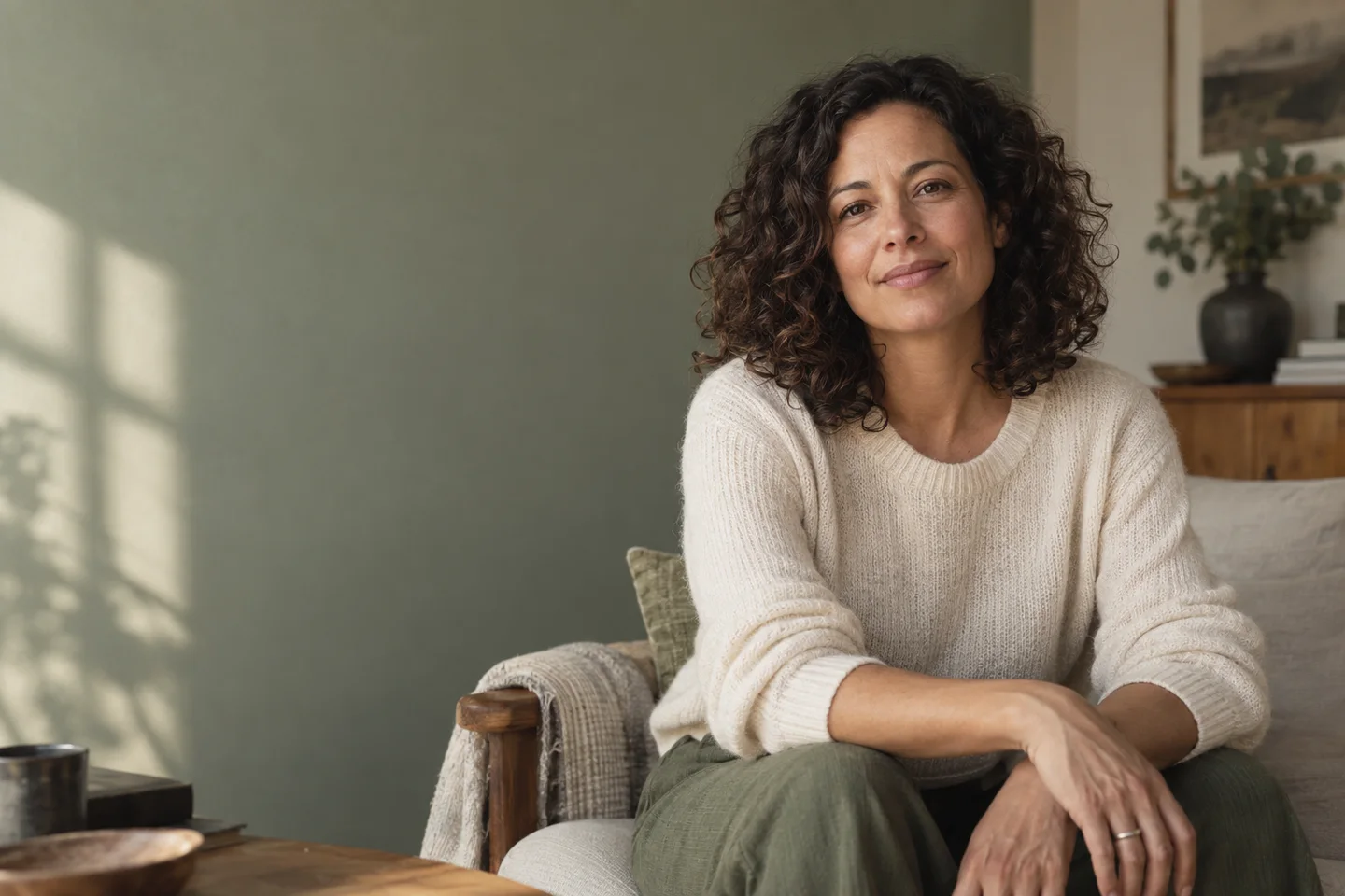 Illustrative portrait of a woman at home in warm daylight